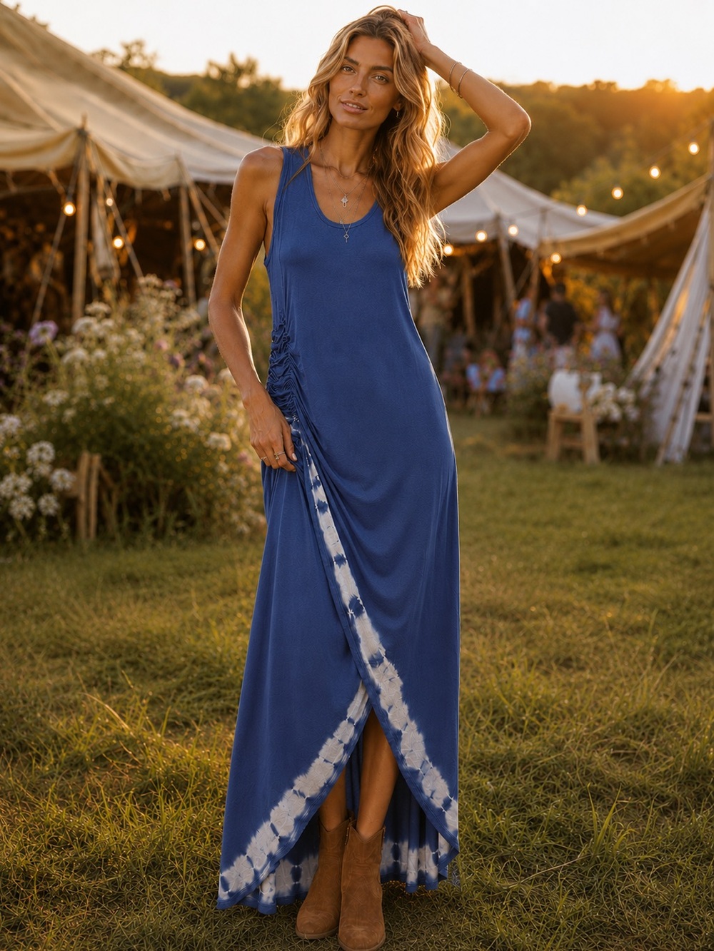 Seven7 Blue Tie Dye Ruched Tulip Front Maxi Dress Tall Girl Friendly Size L
